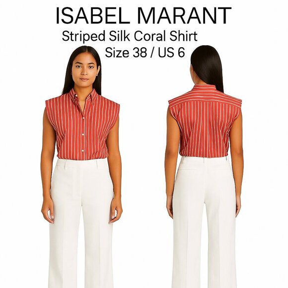 Isabel Marant Étoile Striped Silk Coral Button-Up Shirt, Size 38 / US 6 – Design - Picture 1 of 10